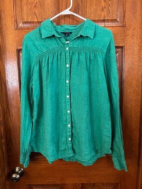 Lands End XL Green Button Front Smocking Detail 100% Linen Blouse Long Sleeve